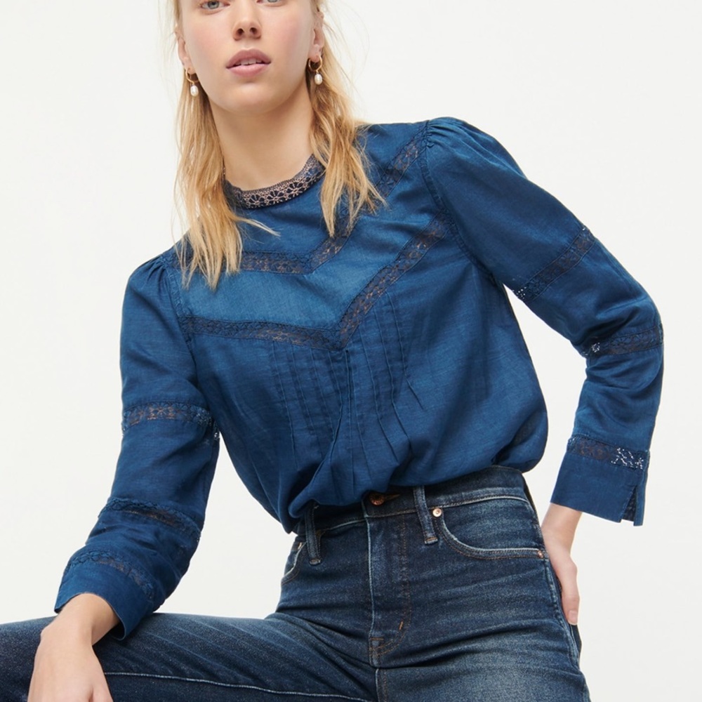 🆕 J. Crew Lace-Trim Mockneck Blouse indigo blue